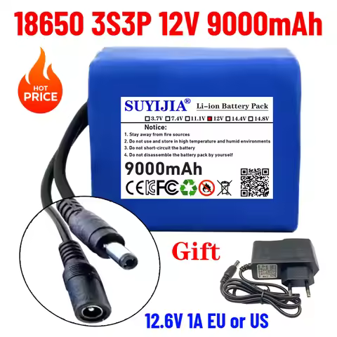 New 3s3p 12V 9Ah Battery Pack 18650 Lithium Ion 12V 9000mAh DC12.6V Super Large Capacity Rechargeabl
