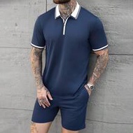 Men's Casual Blue Polo Shirt Set, Men's Casual Short Sleeve Shorts Polo Suit, Striped Contrast Colla