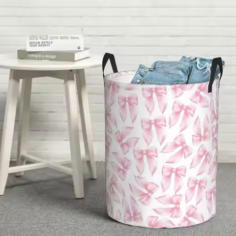 Laundry Collector Cochuette Pink Bow Bliss-pattern Foldable Laundry Basket Large Storage Baby Washin