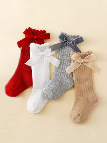 4 Pairs Baby Girls Knee-High Socks with Bow Side Decoration, Soft and Breathable Non-Slip Princess S