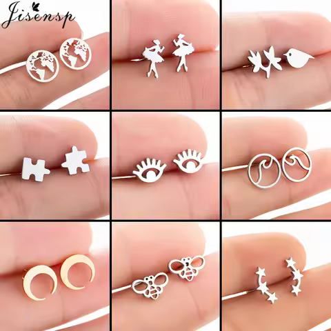 Fashion Punk World Map Stainless Steel Earrings for Women Black Geometric Puzzle Ballet Wave Bee Stu