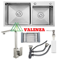 Combo chậu rửa bát inox sus304 8245 hố lệch + vòi rửa bát inox nóng lạnh Vuông+ bình xà phòng + rá i