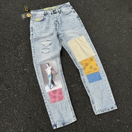 High Version DREW Smiley Face Full Print Stitching Ripped Jeans Loose Men Women Same Style Loose Kor