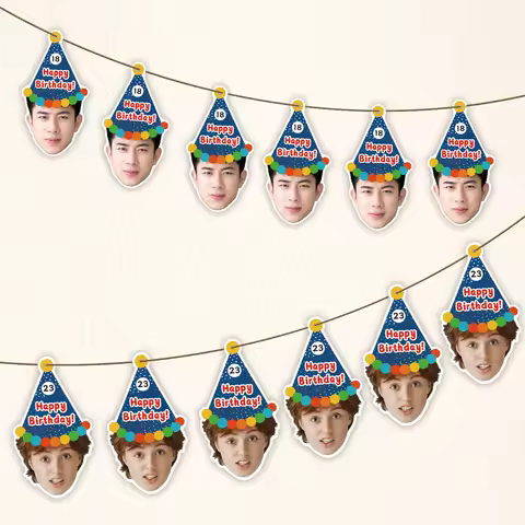 6pcs Custom Face&Age Birthday Banner Flags With Rope,"Happy Birthday"Decoration For Family Friend Pe