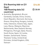 M1 Maxx $16 Roaming Add-On – 1GB Data for 42 Countries |Recharge (21 Days)