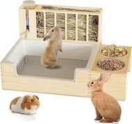 4-in-1 Waterproof Wooden Rabbit Litter Box with Hay Feeder, 2 Food Bowls, and Water Bottle | Large C