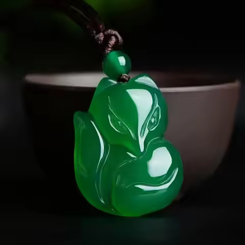 Jade Fox Necklace Pendant Natural Green White Chalcedony Chinese Fashion Charm Jewelry Carved Amulet