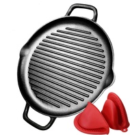 Cast Iron Grill Pan 12.6 inch Pre-Seasoned Cast Iron Griddle Pan Dual Handles Cast Iron Skillets for BBQ Round Cast Iron Griddle for any Stove Top and all Cooking Tops ดำ One