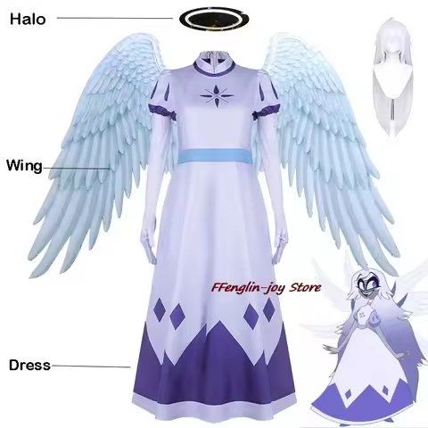 AIMU Hazbin Emily Hotel Cosplay Costume Wig Seraphim Angel Halo Wing Women Fancy Dress Outfit Hallow