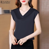 ZANZEA เสื้อผู้หญิงสไตล์เกาหลีแบบทางการคอวีเสื้อสวมหัวผ้าไหมซาตินปาร์ตี้สำนักงานแขนสั้น #11