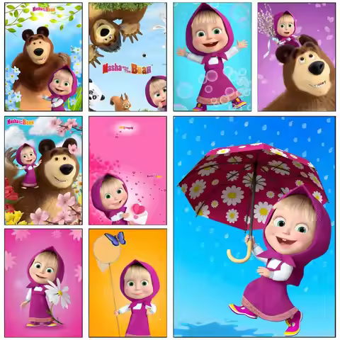 M-Masha And The B-Bear Poster Self-adhesive Art Waterproof Paper Sticker Coffee House Wall Decor