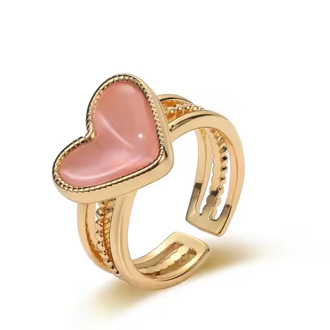 ShinyGem Fashion Carving Heart-shaped Pink Opals Ring Charm Adjustable Gold Plating Cat Eye Stone Fo