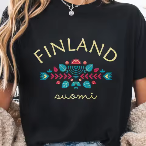 Women Finland Folk Tees Finland Suomi Nordic Floral Menorah Embroidery Cotton Tee Scandinavian Count