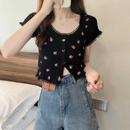 Evelyne` Women clothes korean Vintage Lace Edge Floral Knitted T-shirt Short Sleeve T-shirt Top (Ready Stock)
