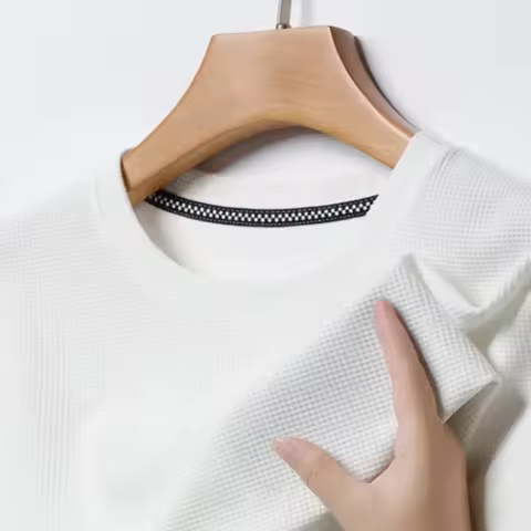 2026 New Summer Waffle Round Neck Short Sleeved T-shirt for Men's Short Sleeved Top Clothing Oversiz