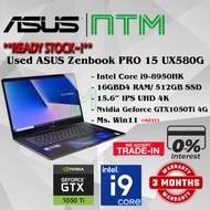 #AZ311 USED ASUS ZENBOOK PRO 15 UX580G intel i9-8950HK 16GBD4 512GB SSD Nvidia GTX1050Ti 4G GraphIc 