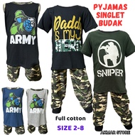 BAJU TIDUR / SET SINGLET ASKAR BUDAK, 100% COTTON, SIZE 2-8, PLAYSET ARMY, PYJAMAS BUDAK LELAKI, BAJ
