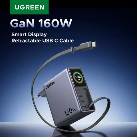 UGREEN 160W Smart Display GaN Charger With Retractable Cable AVS PD 3.1 QC4.0 EU Foldable For MacBoo