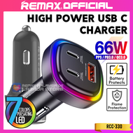 REMAX OFFICIAL Fast Charging Car Charger PD Adapter Kereta 66W Dual USB Type C Chager Port RCC330 QC 3.0 Support 12V 24V Universal Smartphone Tablet