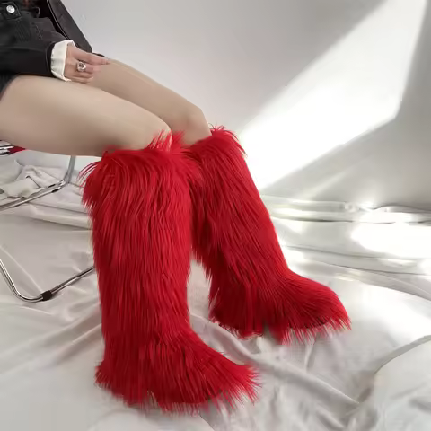Hot Sale Ins Fashion Long Women Furry Boots Winter Knee Length Keep Warm Ladies Snow Boots