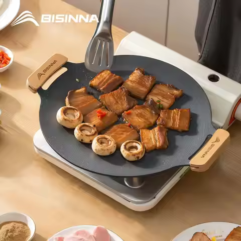 BISINNA 34CM Outdoor BBQ Grill Pan Non Stick Stovetop Baking Tray Korean Roastig Grill Plate Camping
