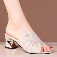 (ẢNH THẬT) Guốc cao gót vuông màu 5p quai nhúm kết ngọc gót vàng ánh kim -CG210