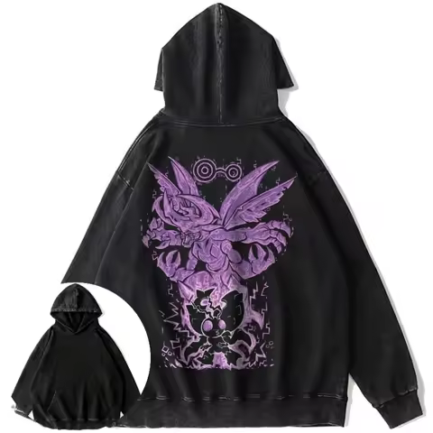 Mens Vintage Washed Black Cotton Hoodie Anime Digimon with Angemon and Purple Gekomon Graphic with L