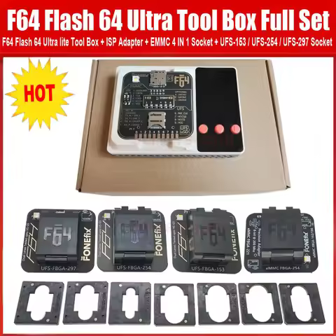 100 Original F64 Flash 64 Ultra Tool Box full set with UFS BGA 153. UFS BGA 254,UFS BGA 297 EMMC 254