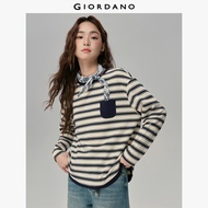 GIORDANO ผู้หญิง  เสื้อยืด 100% Cotton เสื้อยืดลายทางตัดกัน กระเป๋าข้างเดียว คอกลม แขนยาว แฟชั่นลำลอ