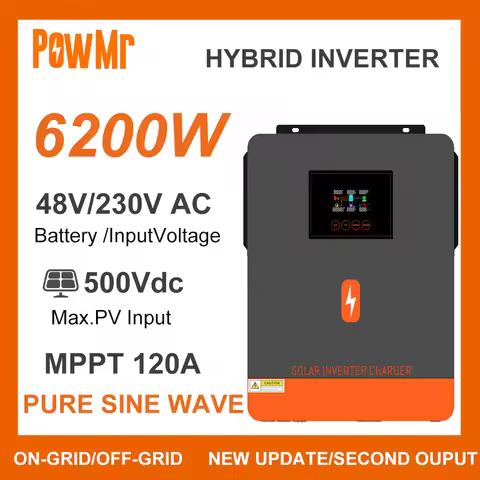 PowMr 6.2KW Grid Tie Off-Grid Hybrid Inverter DC 48V 220/230V AC and 120A MPPT Solar Charger Solar P