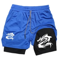 Men's Gym Shorts 2-in-1 Training Fitness Phone Pocket Breathable Quick-Dry Workout Running Dragon Jo