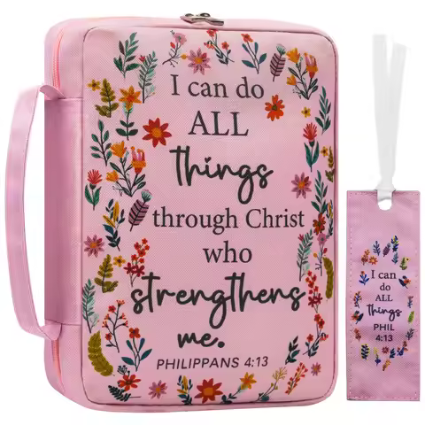 Bible Cover for Women, Pink Floral Scripture Case, Large Capacity Church Book Organizer, Christian G