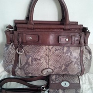Preloved Bundling Fossil Maddox Satchel Snake Skin+Wallet 3 fold