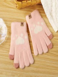 批發可愛女性加厚加絨防風貓爪毛絨針織觸屏冬季手套,適用於單車和保暖