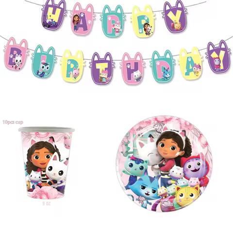 Gabby’s Dollhouse Theme Party Children’s Birthday Disposable Tableware Holiday Decoration Gabby Cat 