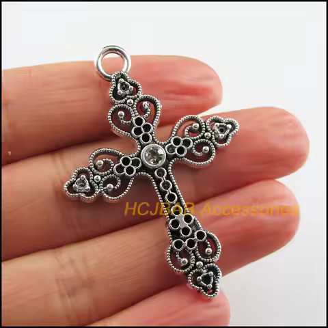 6 New Cross Charms Clear Crystal Heart Pendants Tibetan Silver Color 34.5x50mm