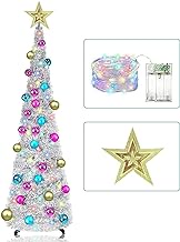 6FT Pop-up Christmas Tree with Timer DIY 100 LED String Lights-Prelit Christmas Tree with Hanging Ball Ornaments 3D Star Battery Operated Sequin Xmas Decoration Home Party Supplies (Silver)
