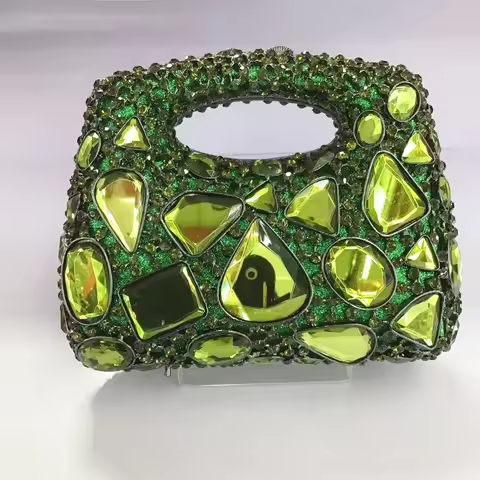 WHTUOHENG Green Big Stone Diamond Evening Clutches Bags Lady Crystal Wedding Purses Women Rhinestone