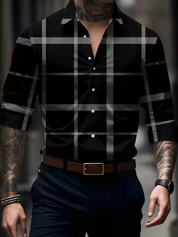 2025 Men's Stylish Plaid Print Long Sleeve Shirt Casual Slim Fit Streetwear Stylish Print Shirt Comf