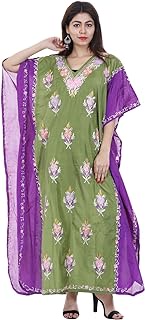 Odishabazaar Shaded Poly Silk Kashmiri Aari Work Designer Kaftan Maxi Dress Beachwear Cover Up