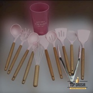 Silicone Spatula Silicone Capitan Meaning Wooden Handle Set 12pcs Kitchen Tools - PINK