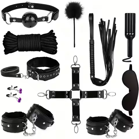 11-piece leather BDSM restraint set, handcuffed anal plug tail, suitable for women and couples