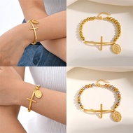 18K Gold St. Benedict Pendant Cross Bracelet Three-color Round Bead/Single-color Round Bead Stainles