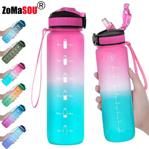 1L Gradient Color Motivational Sports Water Bottle with Time Marker Water Bottle with Straw for Offi