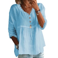 Women Shirt V-Neck 3/4 Sleeve Loose Fit Lace Splicing Tops Solid Color Loose Fit Breathable Casual S