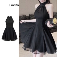 Elegant solid color two-layer Lovito tie-back dress for women L80ED448 uu