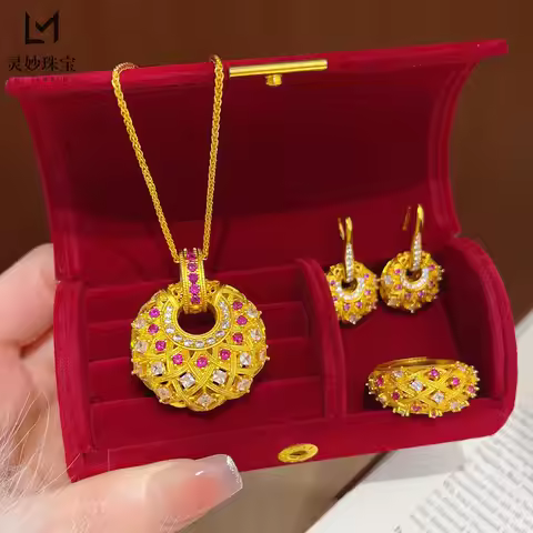 Diamond-set Tang Cai Ling Donut Ring Earrings Pendant Necklace Hollow Women 24K Gold AU999 - All-in-