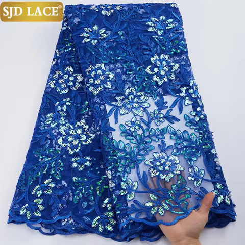 SJD LACE Sky Blue African Mesh Lace Fabric With Sequins 2024 High Quality French Tulle Lace Fabric P