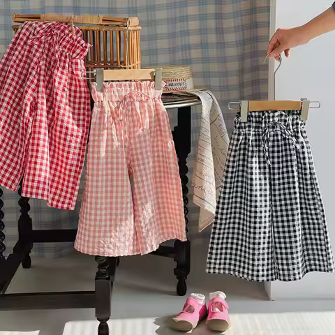 2-8T Girls Pants Grid Straight Wide Leg Cropped Pants Loose Comfortable Ruffled Waist Spring and Sum