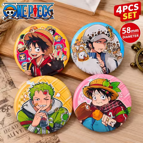 One Piece Goods Anime Pin Badge Set 4PCS 58mm Luffy Zoro Law Metal Button Pins Holographic Glossy De